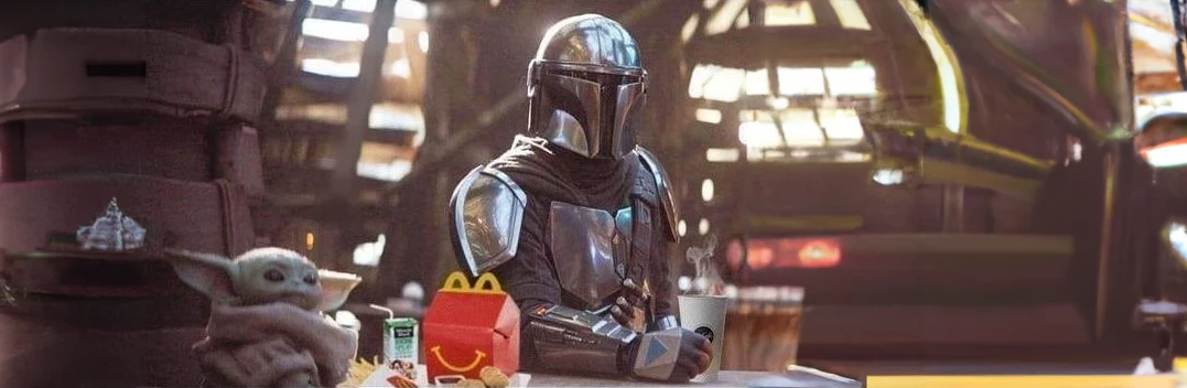 This meme is a screenshot from the Star Wars franchise, specifically from the TV series "The Mandalorian". It shows the character "The Child" (also known as "Baby Yoda") sitting in a high chair, eating a meal of fries and nuggets from McDonald's, with a box of McDonald's fries and a Happy Meal toy on the table in front of him. The text "I find your lack of fries disturbing" is written in a font that resembles the Star Wars franchise's font.